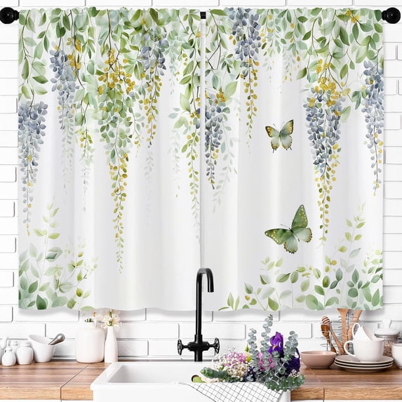 Sage Green Kitchen Curtains, Bathroom Window Curtains Short, Eucalyptus Leaves Gold Floral Spring Plant Boho Small Drapes 36 Inch Botanical Butterfly Bedroom Window Treatment Tiers 2 Panels