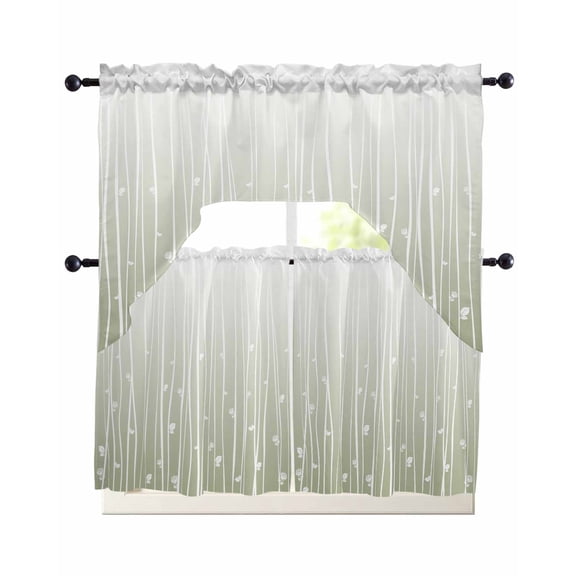 Sage Green Kitchen Curtains Sets 24 Inch Length with Valance, Floral Stripe Gradient Simple Branch Texture Swag Valances and Tiers Curtain Set Drapes Swag Curtains for Living Room, Bathroom, Bedroom