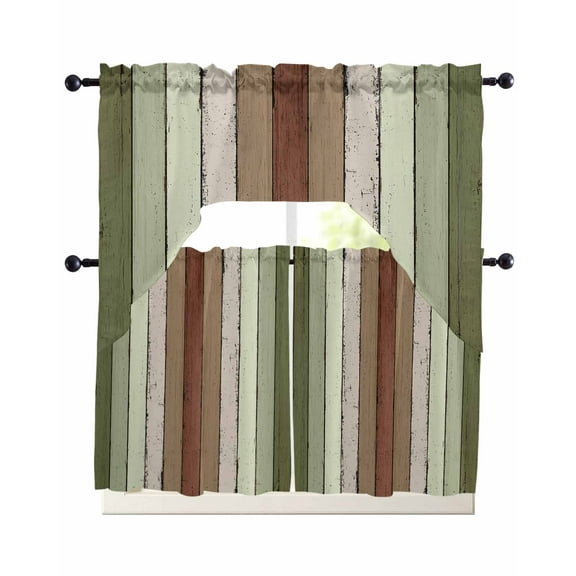 Sage Green Kitchen Curtains Sets 36 Inch Length with Valance, Farmhouse Wood Grain Vintage Brown Striped Swag Valances and Tiers Curtain Set Drapes Swag Curtains for Living Room, Bathroom, Bedroom