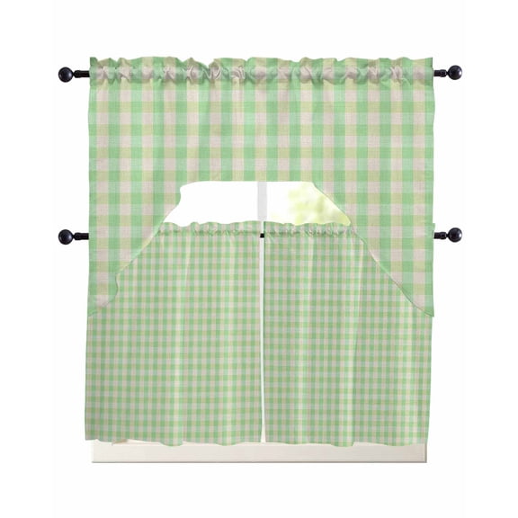 Sage Green Kitchen Curtains Sets 36 Inch Length with Valance, Grid Checkered Plaid Gingham Lattice Trellis Swag Valances and Tiers Curtain Set Drapes Swag Curtains for Living Room, Bathroom, Bedroom