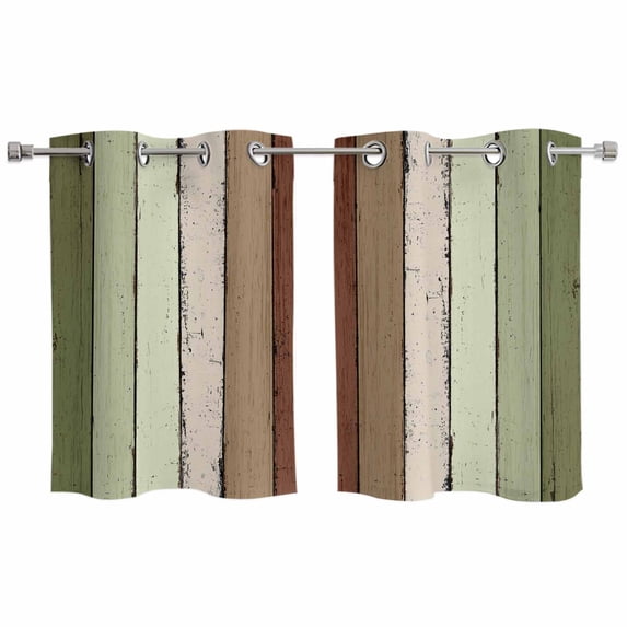 Sage Green Kitchen Curtains Small Short 39 Inch Length, Farmhouse Wood Grain Vintage Brown Striped Grommet Top Bedroom Living Room Curtains, Light Filtering Cafe Curtain Drapes 2 Panels Set 55''x39''