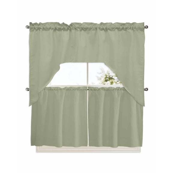 Sage Green Kitchen Curtains Swag Valance and Tier Curtains Set 24 Inch Length, Farmhouse Sage Green Decor Rod Pocket Drape Panels Pair Swag Curtains for Bathroom/Cafe/Window