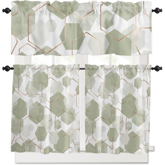 Sage Green Kitchen Curtains and Valance Set, Modern Geometric Cafe Curtains Rod Pocket Windows Curtains for Living Room Bedroom Abstract Gold Lines Nordic Art Valance and Tier Curtains 24 Inch Length