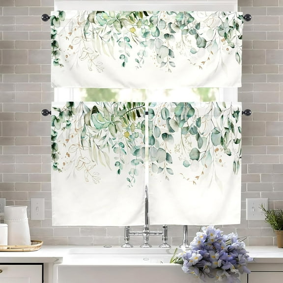 Sage Green Kitchen Curtains and Valances Set - 3 Piece Kitchen Curtains 36 Inch Length Sets with Valance for Windows Rod Pocket Eucalyptus Leaves Farmhouse Kitchen Decor Decorations