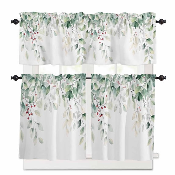 Sage Green Kitchen Curtains and Valances Set, Eucalyptus Leaves Watercolor Leaf Red Fruit Country Rod Pocket Window Valance Window Curtain Panels for Living Room Bedroom Laundry, 27.5x36in, 3 Pieces