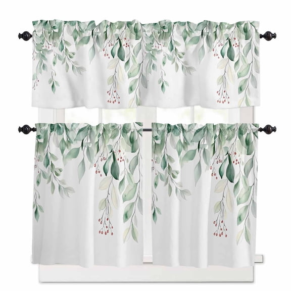 Sage Green Kitchen Curtains Valances and Tiers Set of 3, 24 Inch Length Tier Curtains and Valance Rod Pocket Valance Curtains Set for Kitchen Bathroom Small Windows
