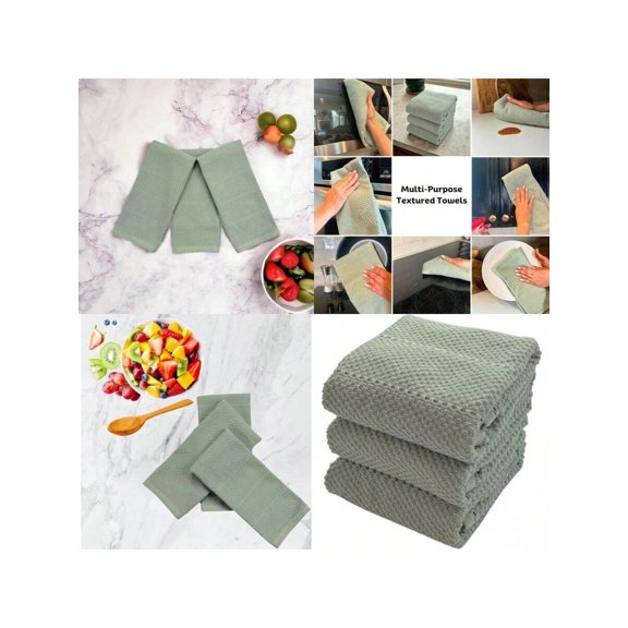 Sage Green Kitchen Dish Towels: 100 Cotton Cloth Soft Cleaning Drying Absorbent Textured Terry Loop Set Of 3 Multipurpose For Everyday Use