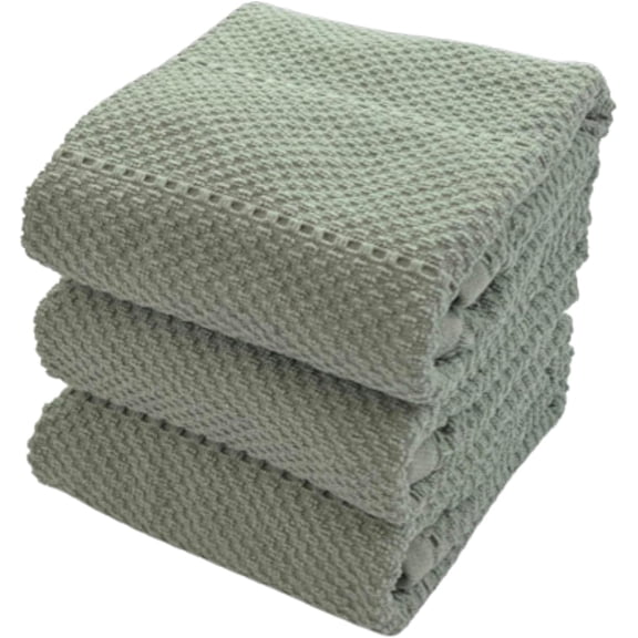 Sage Green Kitchen Dish Towels: 100% Cotton Cloth Soft Cleaning Drying Absorbent Textured Terry Loop, Set of 3 Multipurpose for Everyday Use