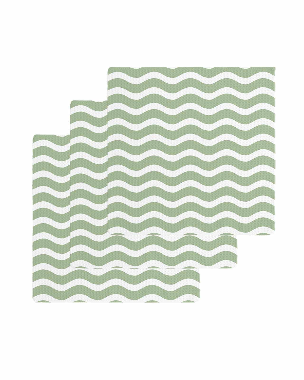 Sage Green Kitchen Dish Towels for Drying Dishes Set of 3, Modern Abstract Waves Water Ripple Striped Waffle Weave Microfiber Terry Hand Tea Bathroom Towels Quick Dry & Absorbent Towel 12x12