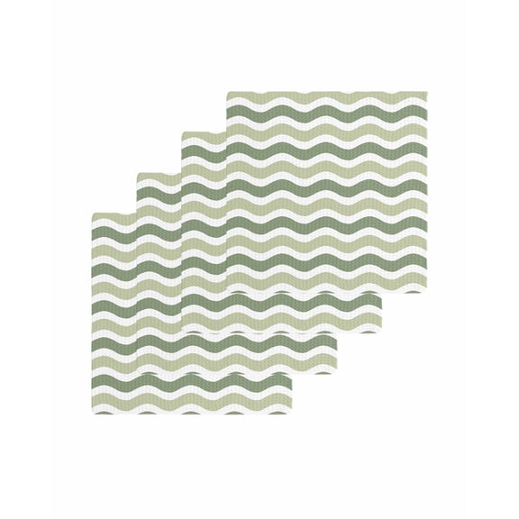 Sage Green Kitchen Dish Towels for Drying Dishes Set of 4, Abstract Geometric Ocean Wave Stripe Waffle Weave Microfiber Terry Hand Tea Bathroom Towels Quick Dry & Absorbent Towel 12x12