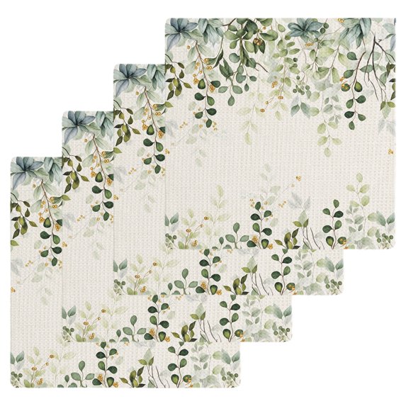 Sage Green Kitchen Dish Towels for Drying Dishes Set of 4, Eucalyptus Leaves Waffle Weave Microfiber Hand Tea Bathroom Towels Quick Dry & Absorbent Towel 12x12