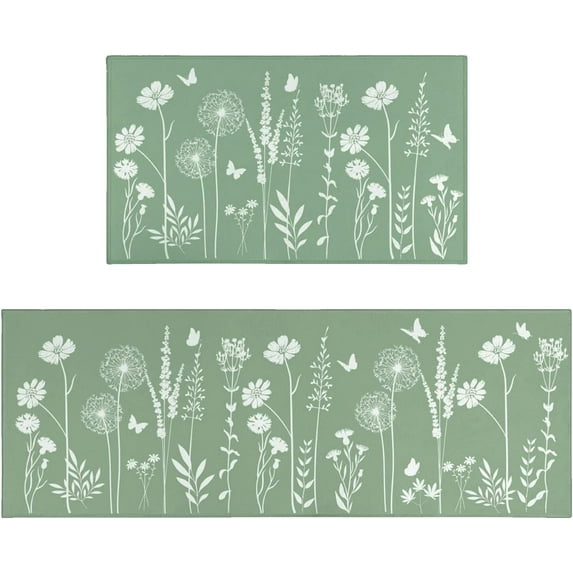 Sage Green Kitchen Mat Rug Set of 2- Plant Floral Butterfly Kitchen Rugs with Runner Kitchen Decor Accessories Things, Kitchen Rug Mat- Leaves Rugs for Home Kitchen Large- 17x30 and 17x48 Inch