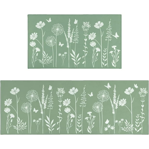 Sage Green Kitchen Mat Rug Set of 2- Plant Floral Butterfly Kitchen Rugs with Runner Kitchen Decor Accessories Things, Kitchen Rug Mat- Leaves Rugs for Home Kitchen Large- 17x30 and 17x48 Inch