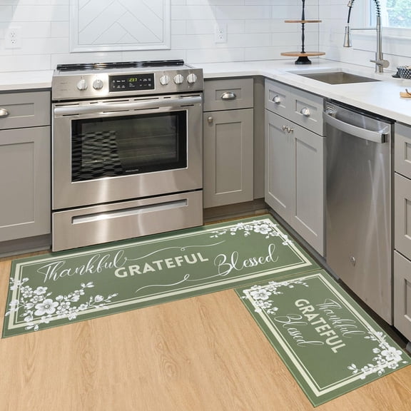 Sage Green Kitchen Mats for Floor, Sage Green White Floral Kitchen Rugs Set of 2 Carpet Area Rug, Farmhouse Floral Kitchen Decor and Accessories Stuff, 17x30 and 17x47 Inch