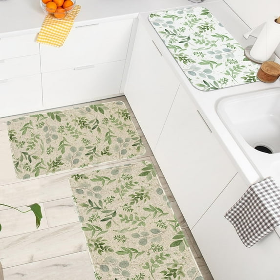 Sage Green Kitchen Mats for Floor Set of 2 Pieces Kitchen Rugs and Coffee Mat Watercolor Green Leafs Dish Drying Mats Kitchen Accessories