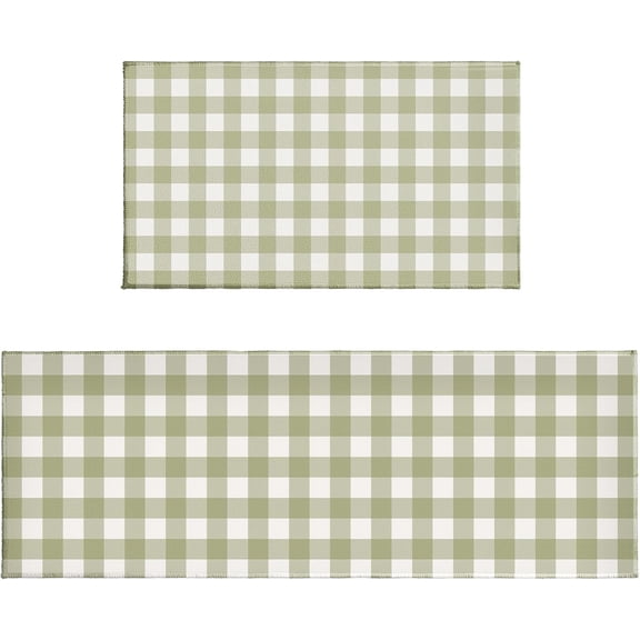 Sage Green Kitchen Rugs Modern Farmhouse Buffalo Plaid Kitchen Mats for Floor French Country Rustic Floor Mat Non-Slip Carpet Runner for Hallways Laundry Bedroom Bathroom, Set of 2