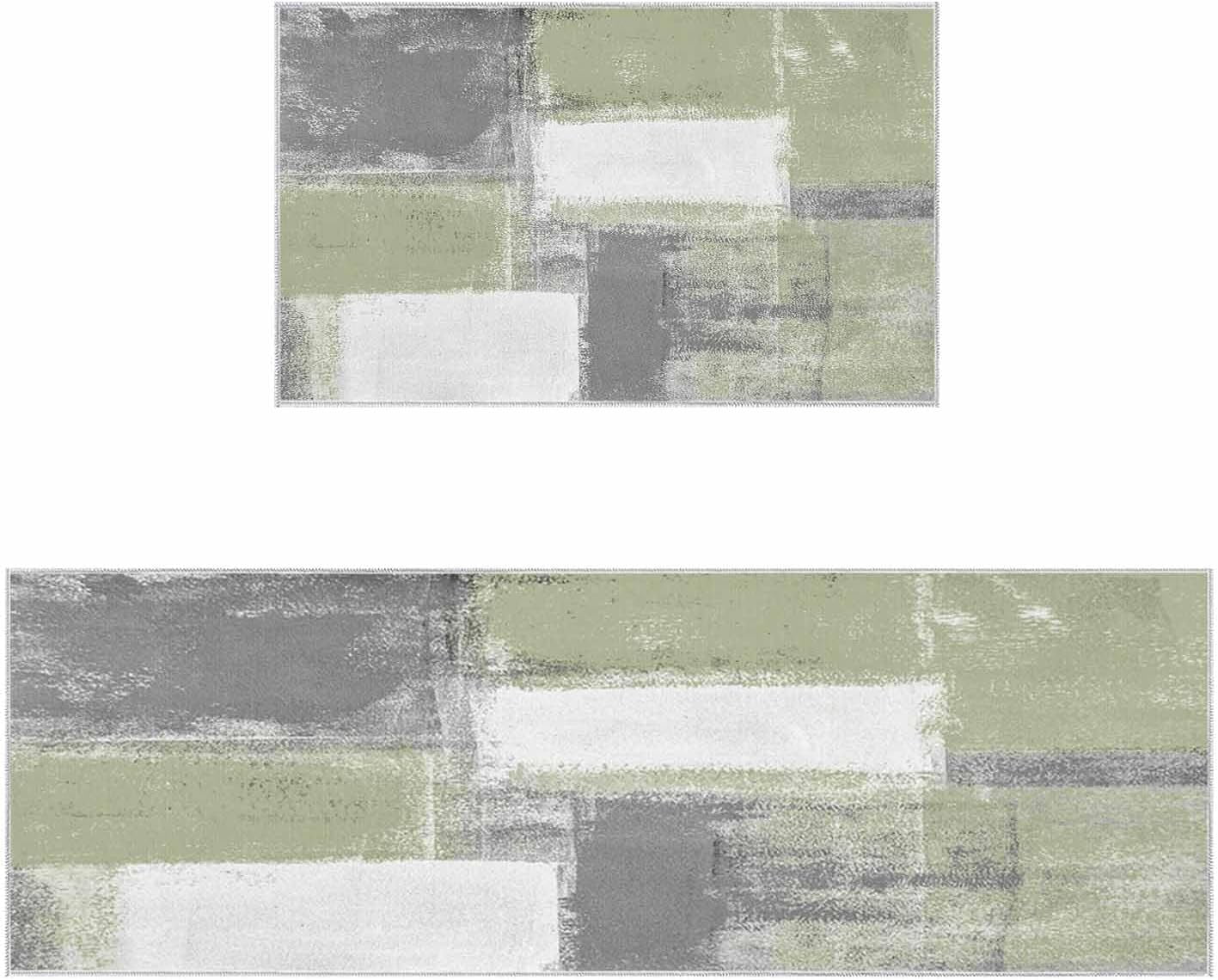 Sage Green Kitchen Rugs Set 2 Pieces, Oil Painting Geometric Soft Non
