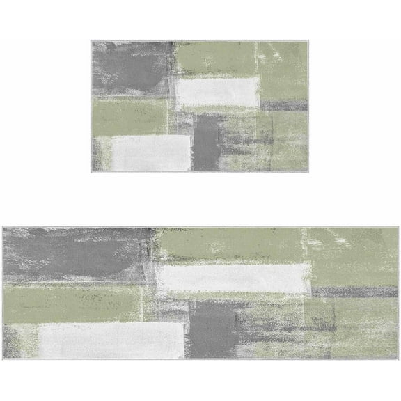 Sage Green Kitchen Rugs Set 2 Pieces, Oil Painting Geometric Soft Non-Slip Rubber Backing Floor Mats Doormat Bathroom Runner Area Rug Carpet, Modern Abstract Art, 15.7x23.6in + 15.7x47.2in
