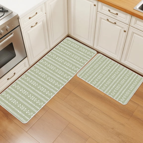 Sage Green Kitchen Rugs Set of 2 Rustic Vertical Dashed Lines Shabby Chic Leaf Cottagecore Absorbent Non-Slip Kitchen Mats for Floor Cushioned Standing Carpet for Home, Sink 23.6"x35.4"+23.6"x70.9"