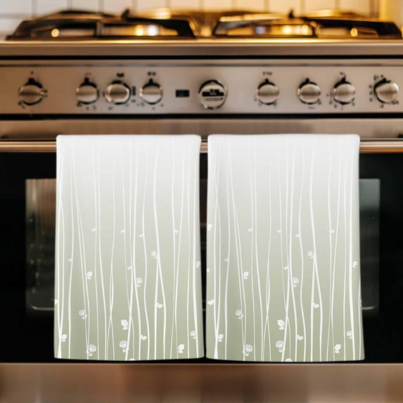 Sage Green Kitchen Towels Set of 2, Floral Stripe Gradient Simple Branch Texture Absorbent Dish Towels for Kitchen, Microfiber Hand Towel, Quick Drying Tea Towel for Cleaning Decorative Dishcloths