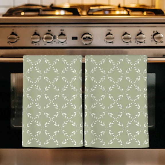 Sage Green Kitchen Towels Set of 2, Geometric Flower Leaf Diamond Plaid Retro Absorbent Dish Towels for Kitchen, Microfiber Hand Towel, Quick Drying Tea Towel for Cleaning Decorative Dishcloths