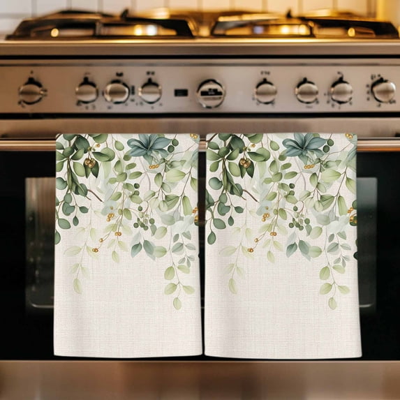 Sage Green Kitchen Towels Set of 3, Eucalyptus Leaves Absorbent Dish Towels for Kitchen, Microfiber Hand Towel, Quick Drying Tea Towel for Cleaning Decorative Dishcloths Summer Botanical Watercolor