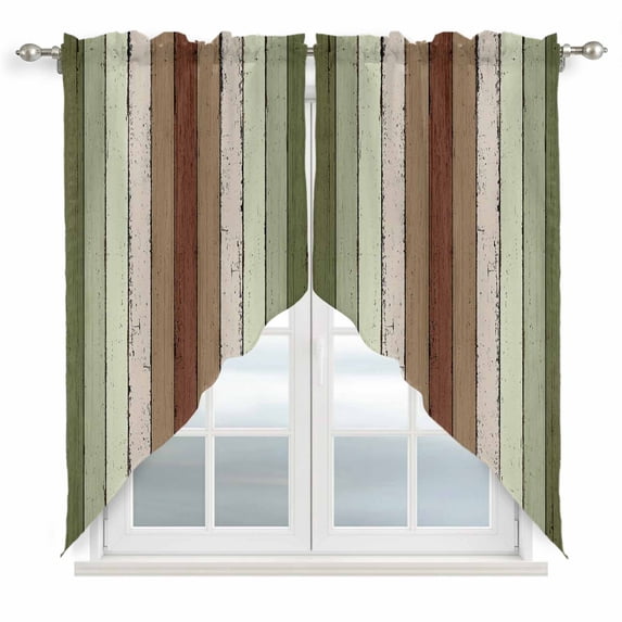 Sage Green Kitchen Window Curtains, Swag Curtains Valance for Bedroom Living Room Bathroom, Farmhouse Wood Grain Vintage Brown Striped Rod Pocket Window Curtain Block Drapes 2 Panels 28"x36"