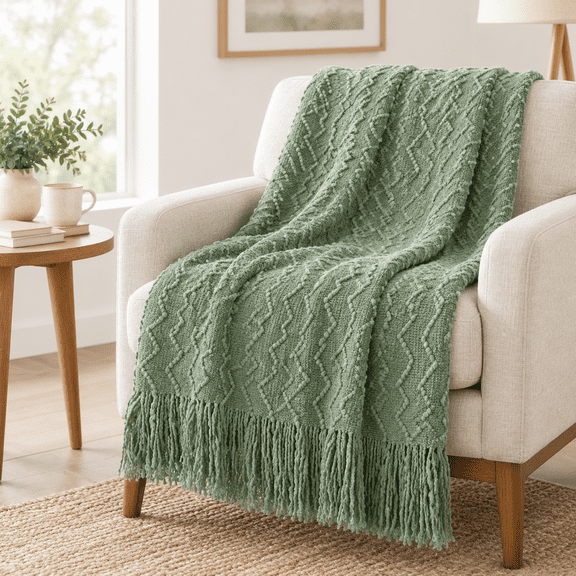 Sage Green Knitted Throw Blanket, 50"x60", Soft Warm Decor for Couch and Bed