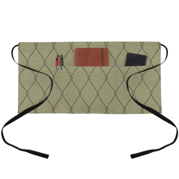 Sage Green Lattice Geometric Waitress Apron with 3 Pockets, Luxury Abstract Art Aesthetics Server Aprons Waterproof Kitchen Restaurant Half Waist Apron for Men Women