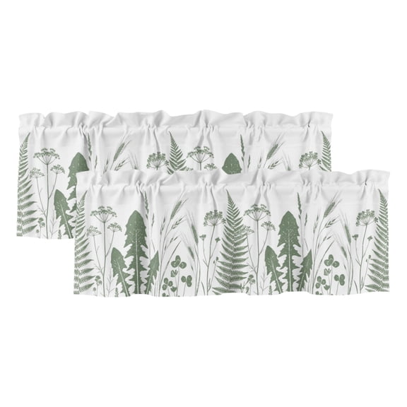 Sage Green Leaf 2 Panels Kitchen Valance, Country Green Ferns Dandelion Wild Grass Curtains Valances for Small Windows Rod Pocket Window Treatments for Living Room Bedroom 42"W x 12"L