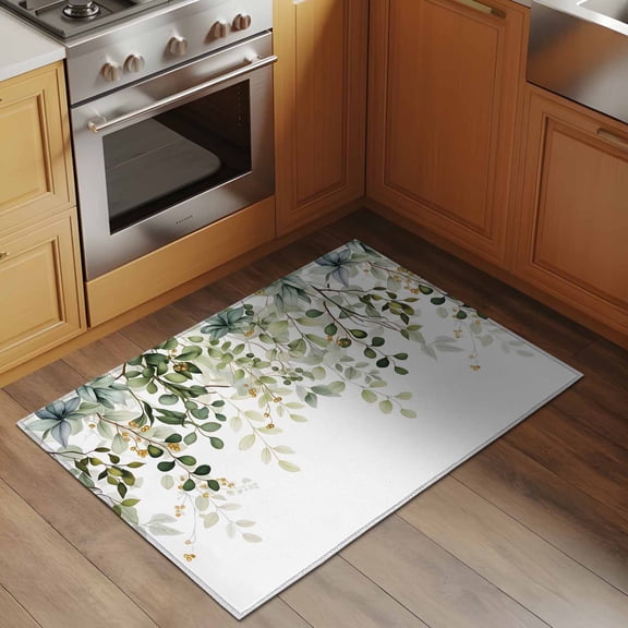 Sage Green Leaf 2x3 Rug for Entryway Front Door Kitchen Sink Area, Watercolor Eucalyptus Leaves Botanical Low Pile Washable Non Slip Rectangle Area Rug