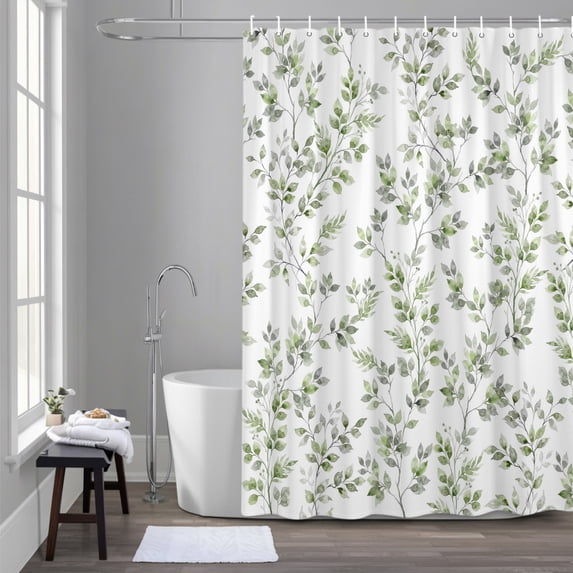 Sage Green Leaf 36x72 Inches Waterproof Shower Curtain, Watercolor Floral Vine Branch Rustic Country Bath Curtain Set with 12 Hooks Washable Shower Curtains for Bathroom Bathtub Decor