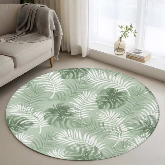 Sage Green Leaf 3FT Round Area Rugs Modern Green Palm Leaf Monstera Soft Small Round Rug Non-Slip, Ultra-Thin Circle Carpet for Bedroom Entryway Kitchen Bathroom