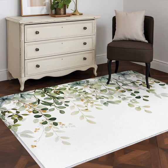Sage Green Leaf 4x6 Rug for Dining Table for 4 People Under Table, Watercolor Eucalyptus Leaves Botanical ashable Non Slip Rectangle Area Rug