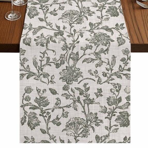 Sage Green Leaf 90 Inch Table Runner, Retro Farmhouse Plant Floral Branch Farmhouse Dresser Scarf Cotton & Linen Tablerunner for Dining/Kitchen Island/Holiday Party Décor 13" x 90"