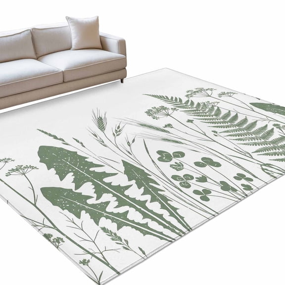 Sage Green Leaf Area Rugs 6x9ft Country Green Ferns Dandelion Wild Grass Floor Rug Non Slip Low Pile Ultra Soft Throw Carpet for Entryway Indoor Entrance Kitchen Bathroom