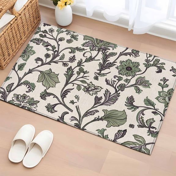 Sage Green Leaf Bathroom Rug Washable 2x3 Entryway Rug Non Slip Vintage Farmhouse Boho Pastoral Tribal Front Door Mat Low Pile Indoor Doormat Throw Floor Carpet for Kitchen Bedroom Entrance