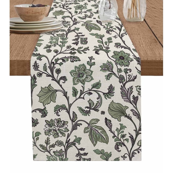 Sage Green Leaf Burlap Cotton Table Runner 13x60 Inches Long, Vintage Farmhouse Boho Pastoral Tribal Farmhouse Table Runners, Outdoor Dining Tablecloths Decor for Baby Shower/Party/Wedding