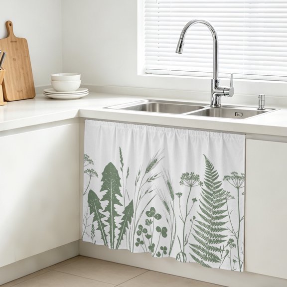 Sage Green Leaf Cabinet Curtains for Kitchen 10"W x 11"L, Country Green Ferns Dandelion Wild Grass Under Sink Skirt Magic Tape Short Curtain Decorative Privacy Panel for Bathroom Laundry