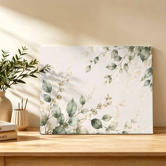 Sage Green Leaf Canvas Wall Art, Botanical Watercolor Eucalyptus Leaves Beige Wall Art Prints Artwork Framed Canvas Ready to Hang Art Pictures for Bathroom Bedroom Entry Desk Corner 10" x 8"