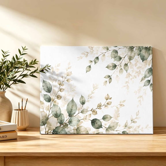 Sage Green Leaf Canvas Wall Art, Botanical Watercolor Eucalyptus Leaves Branches Wall Art Prints Artwork Framed Canvas Ready to Hang Art Pictures for Bathroom Bedroom Entry Desk Corner 10" x 8"