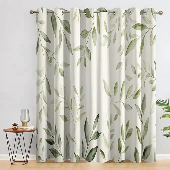 Sage Green Leaf Curtains, Sage Green Leaf Blackout Curtains for Bedroom Living Room Home Decor, Watercolor Leaves Patterned Grommet Drapes 42"W x 63"L (Pack of 2)