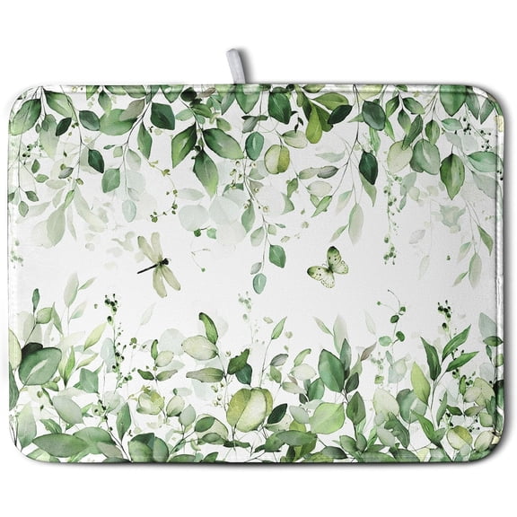 Sage Green Leaf Dish Drying Mat for Kitchen Counter Spring Eucalyptus Leaves Drying Mats Summer Floral Microfiber Absorbent Dishes Pad Reversible Washable Dish Drainer Rack Mat Large 18x24 Inch