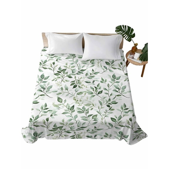 Sage Green Leaf Flat Sheets Only King Size, Soft Breathable Bed Top Sheets for Mattress, Country Eucalyptus Nature Plant Branch Luxury Bedding Flat Sheets for Home Hotel Bedroom Bed Protection