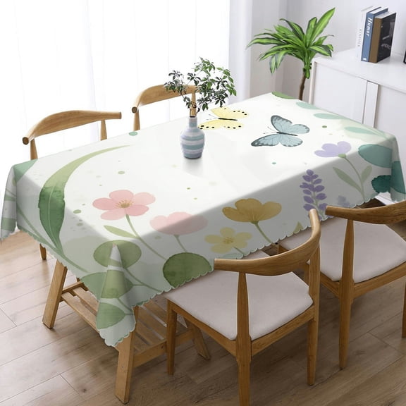 Sage Green Leaf Floral Butterfly Rectangular Tablecloth, Machine-Made - Holiday Party Tablecloth Tablecloths rectangle , Cafe, dinner,  picnic