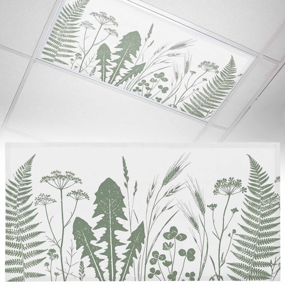 Sage Green Leaf Fluorescent Light Covers Country Green Ferns Dandelion Wild Grass Magnetic Light Filters Ceiling Lighting Panel Shade for Classroom Office Home 2 x 4 ft, 1 Pack