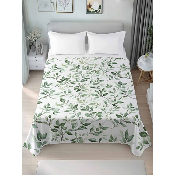 Sage Green Leaf King Size Flat Sheet, Wrinkleproof & Fadeproof Cooling Flat Bed Sheet Only, Country Eucalyptus Nature Plant Branch Breathable Soft Bedding Top Sheets 105 x 98 Inches