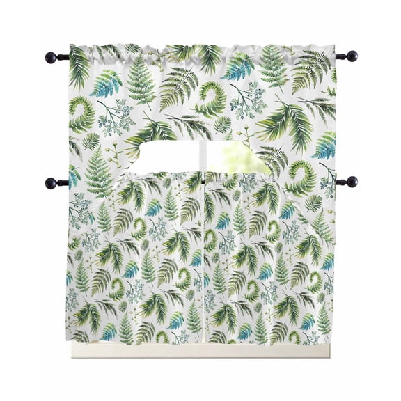 Sage Green Leaf Kitchen Curtains Sets 24 Inch Length with Valance, Vintage Botanical Ferns Country Plant Swag Valances and Tiers Curtain Set Drapes Swag Curtains for Living Room, Bathroom, Bedroom