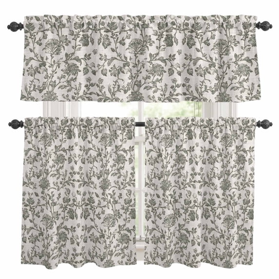 Sage Green Leaf Kitchen Curtains Sets for Windows 24 Inch Length, Retro Farmhouse Plant Floral Branch Rod Pocket Window Treatments Tier Curtains and Valances Set for Bedroom/Bathroom