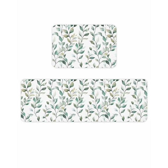 Sage Green Leaf Kitchen Mats for Floor 2 Piece, Eucalyptus Leaves Retro Botanical Absorbent Non-Slip Kitchen Rugs Comfort Standing Mat for Laundry, Hallways 23.6"x35.4"+23.6"x70.9"